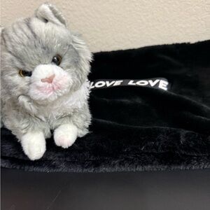 Demdaco Gray and White Plush Cat with Black Bed